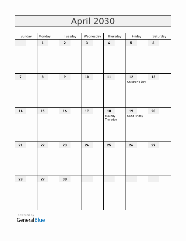 Bolivia April 2030 Calendar with Holidays