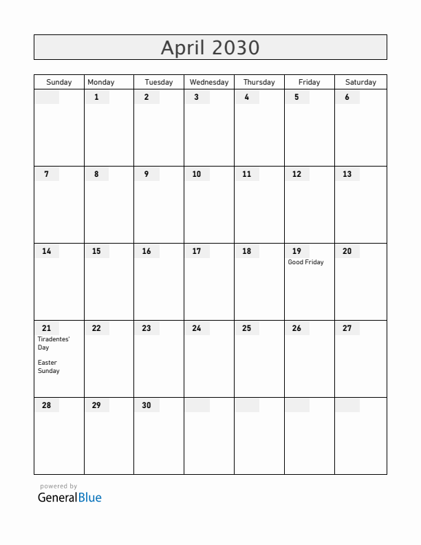 Brazil April 2030 Calendar with Holidays