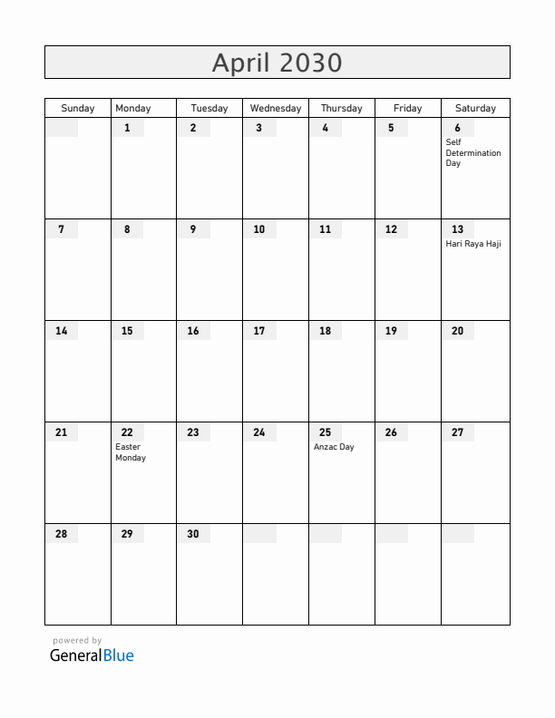 Cocos Islands April 2030 Calendar with Holidays