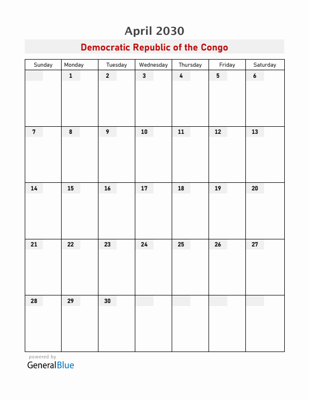 Democratic Republic of the Congo April 2030 Calendar with Holidays