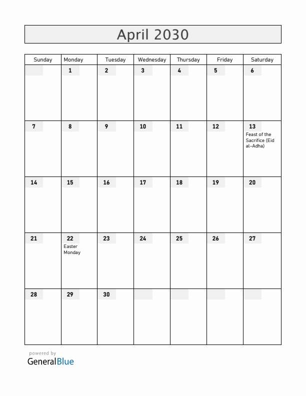 Central African Republic April 2030 Calendar with Holidays