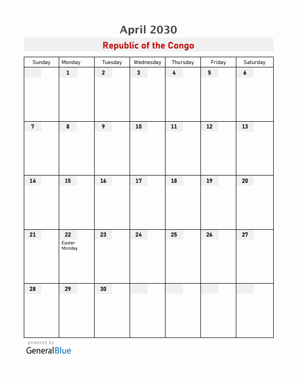 Republic of the Congo April 2030 Calendar with Holidays