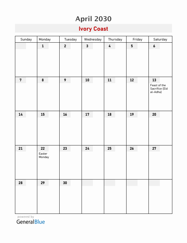 Ivory Coast April 2030 Calendar with Holidays