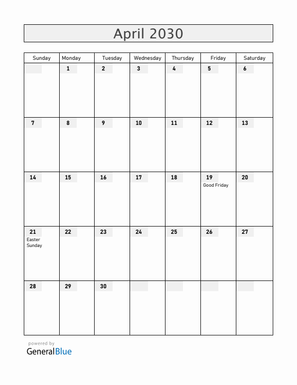 Chile April 2030 Calendar with Holidays