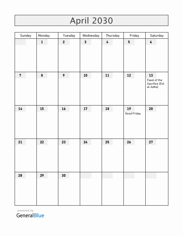 Cameroon April 2030 Calendar with Holidays