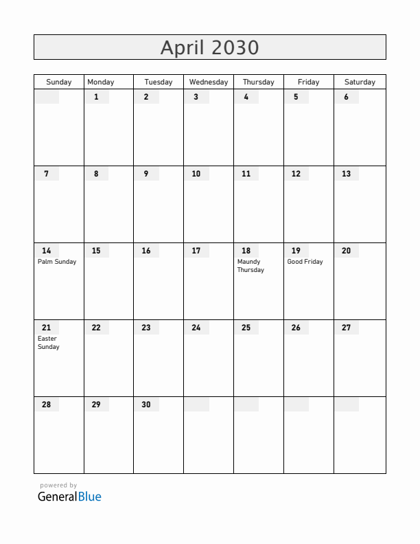 Colombia April 2030 Calendar with Holidays
