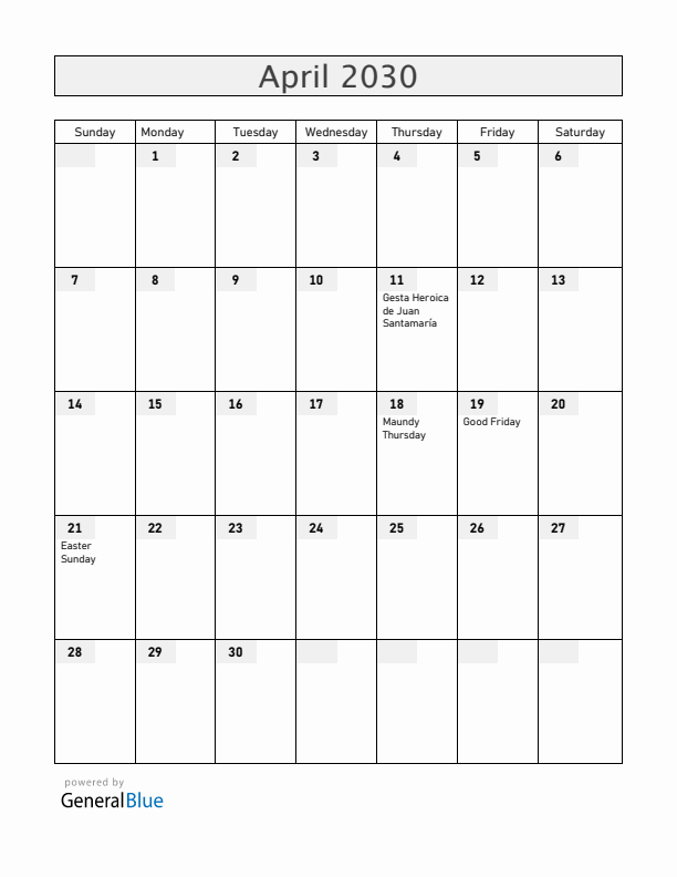 Costa Rica April 2030 Calendar with Holidays