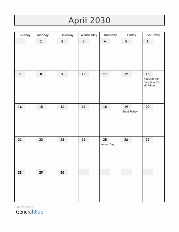 Christmas Island April 2030 Calendar with Holidays