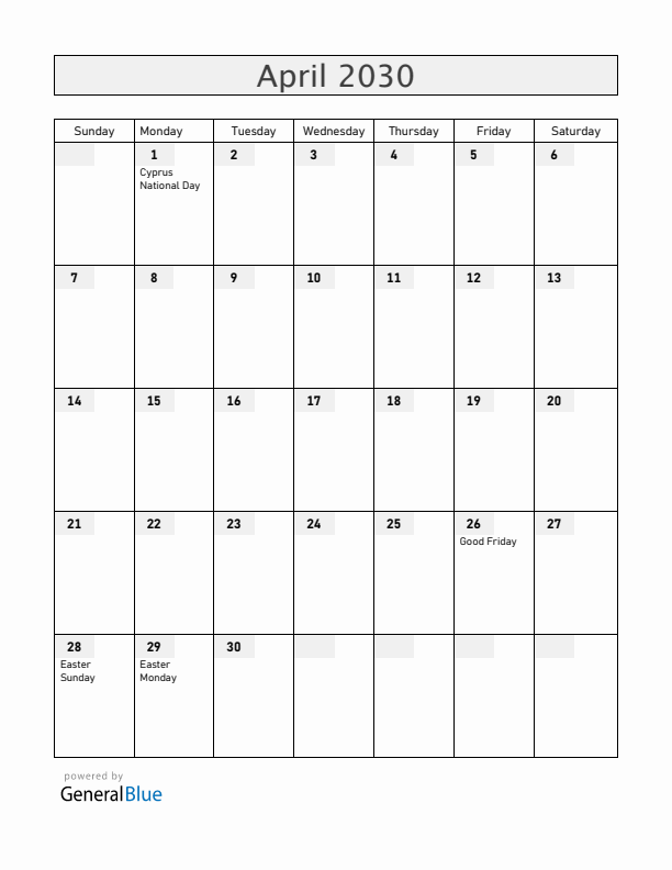 Cyprus April 2030 Calendar with Holidays