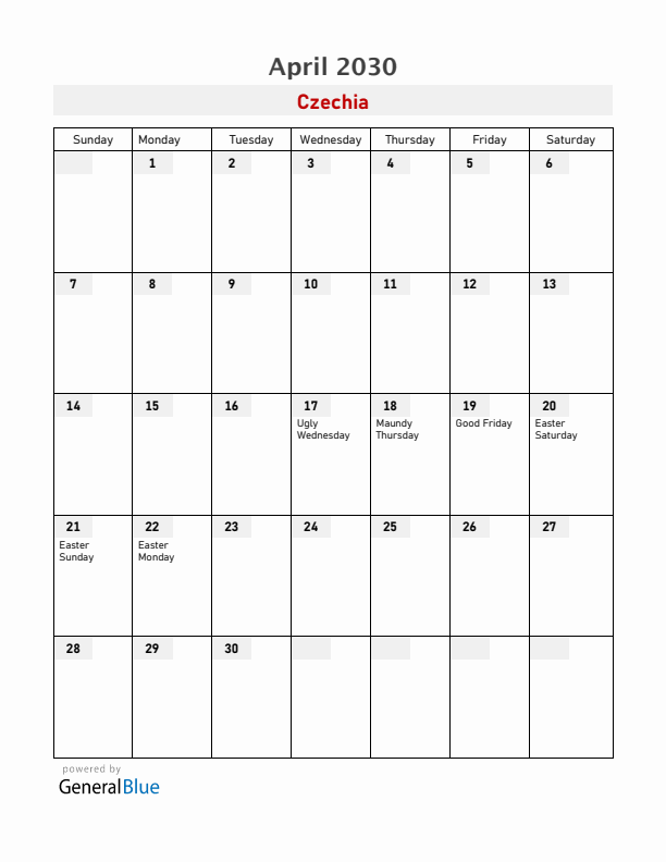 Czechia April 2030 Calendar with Holidays
