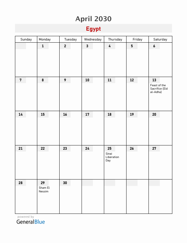 Egypt April 2030 Calendar with Holidays