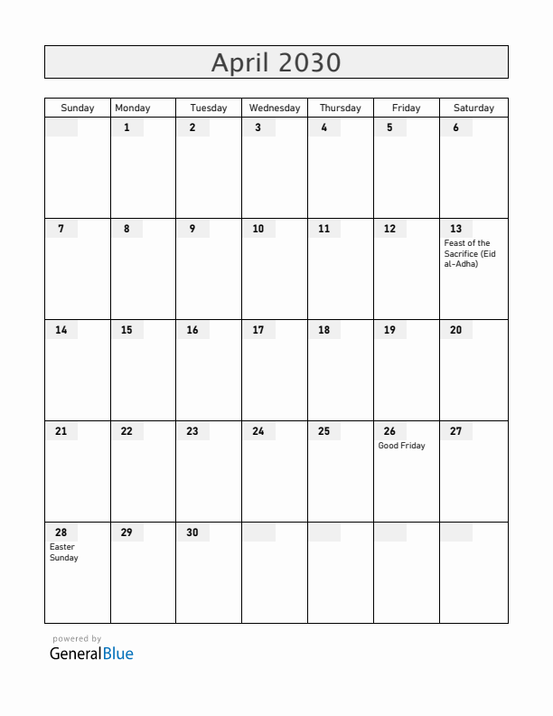 Ethiopia April 2030 Calendar with Holidays
