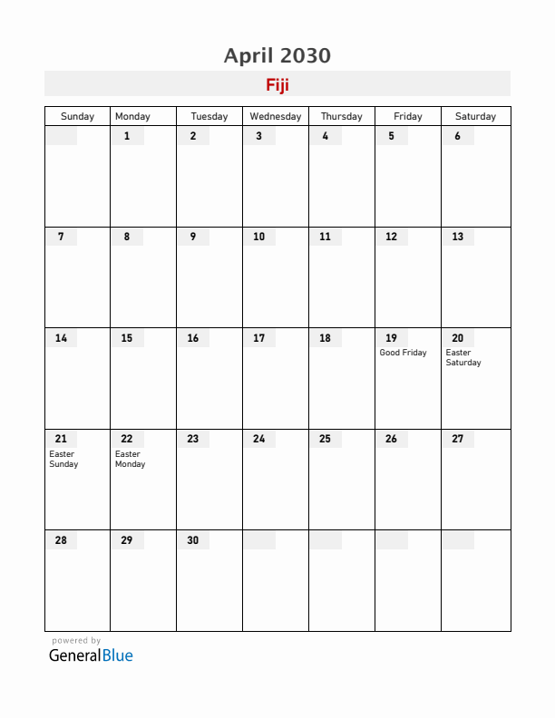 Fiji April 2030 Calendar with Holidays