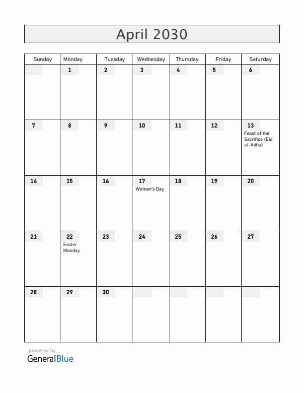 Gabon April 2030 Calendar with Holidays