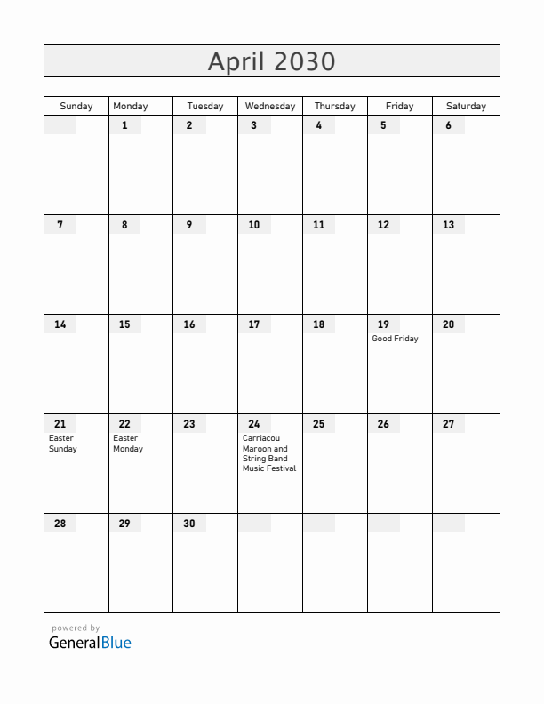 Grenada April 2030 Calendar with Holidays