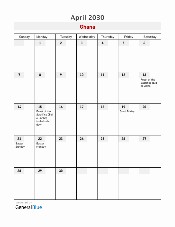 Ghana April 2030 Calendar with Holidays