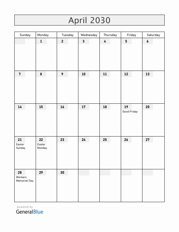 Gibraltar April 2030 Calendar with Holidays