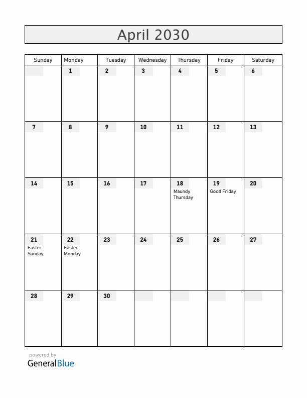 Greenland April 2030 Calendar with Holidays