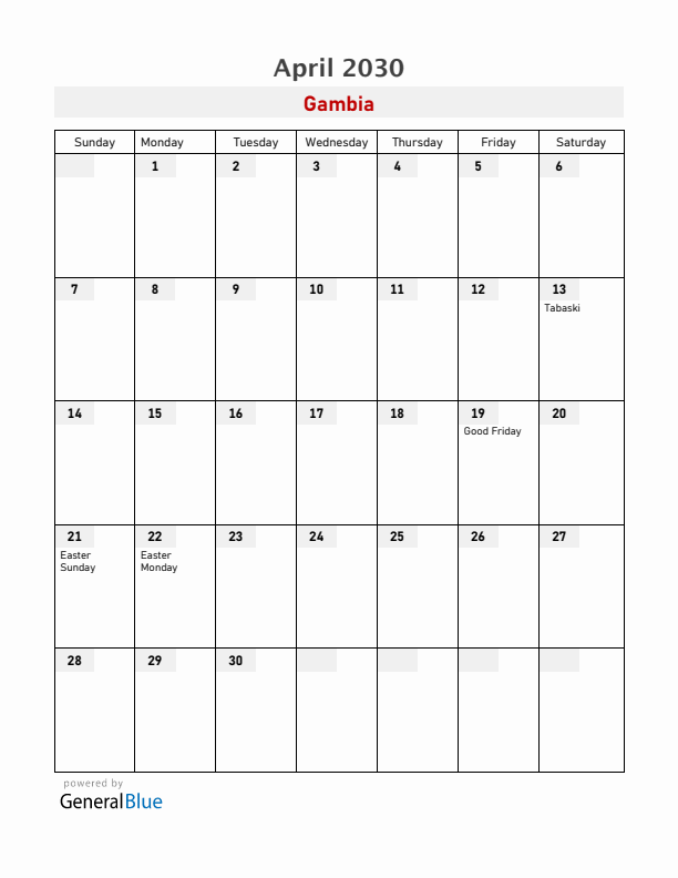 Gambia April 2030 Calendar with Holidays