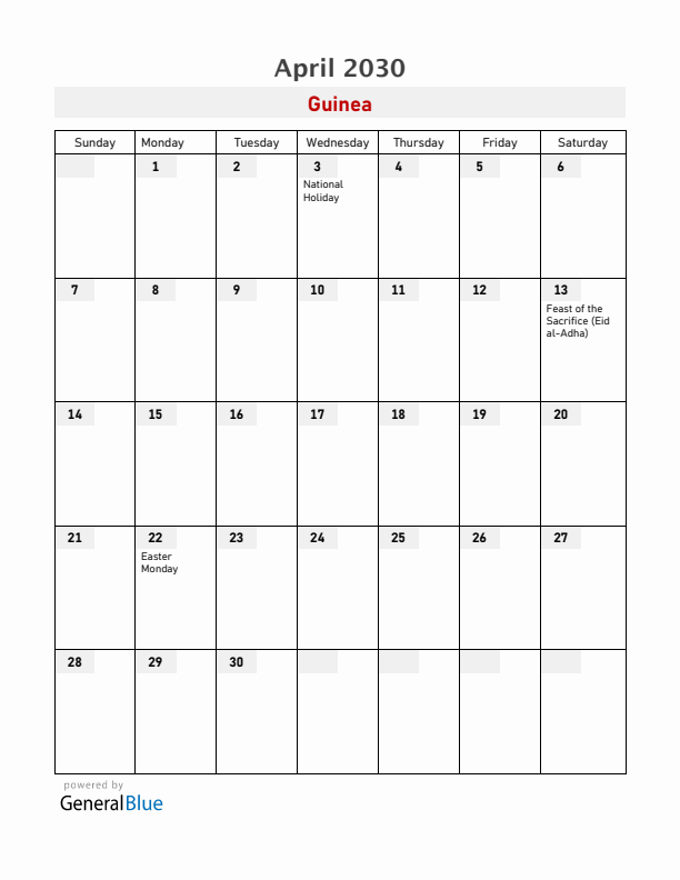 Guinea April 2030 Calendar with Holidays