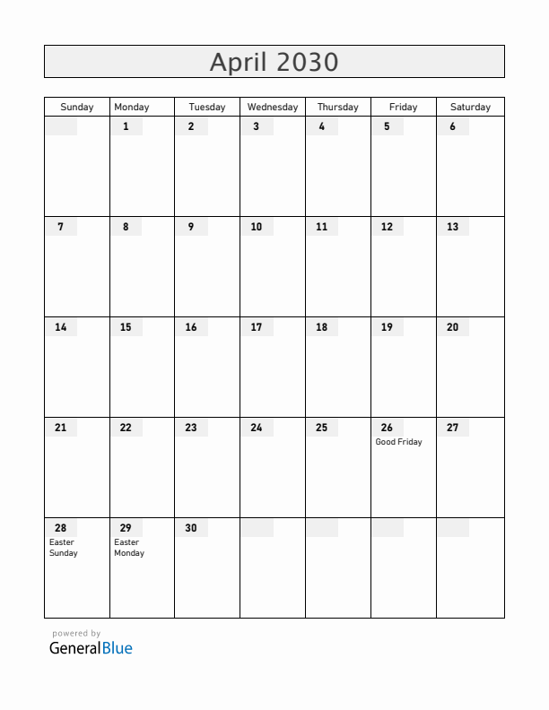 Greece April 2030 Calendar with Holidays