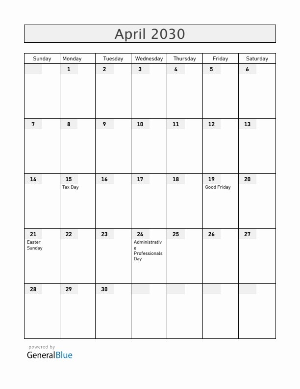 Guam April 2030 Calendar with Holidays