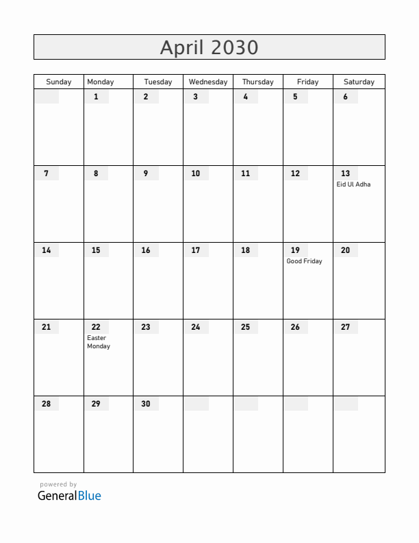 Guyana April 2030 Calendar with Holidays