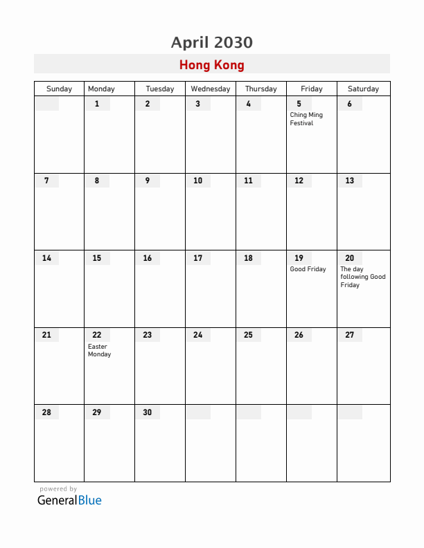 Hong Kong April 2030 Calendar with Holidays