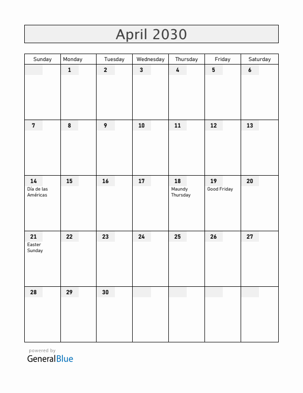 Honduras April 2030 Calendar with Holidays