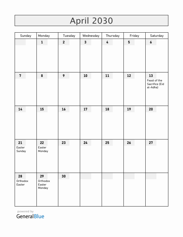 Croatia April 2030 Calendar with Holidays