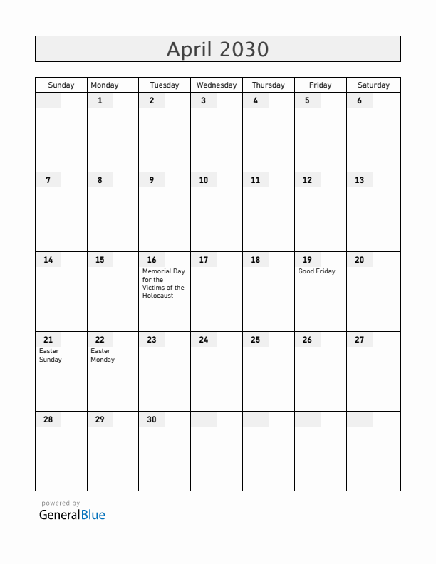 Hungary April 2030 Calendar with Holidays