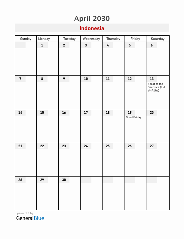Indonesia April 2030 Calendar with Holidays