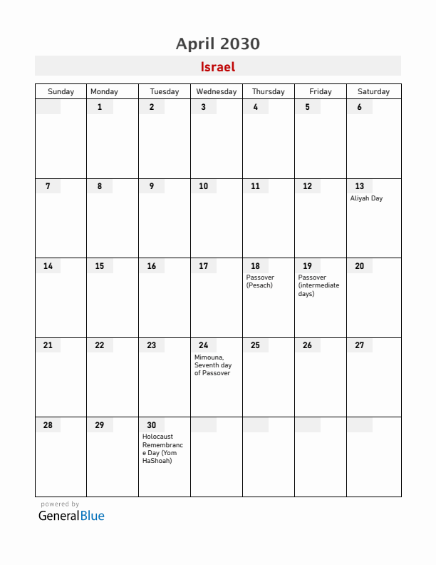 Israel April 2030 Calendar with Holidays