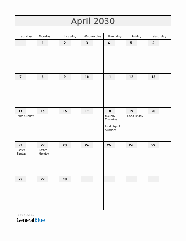 Iceland April 2030 Calendar with Holidays