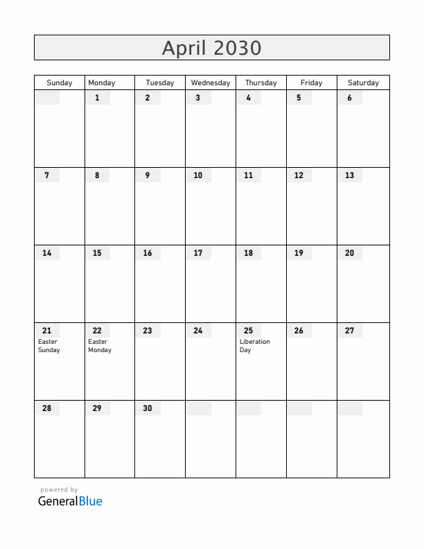 Italy April 2030 Calendar with Holidays