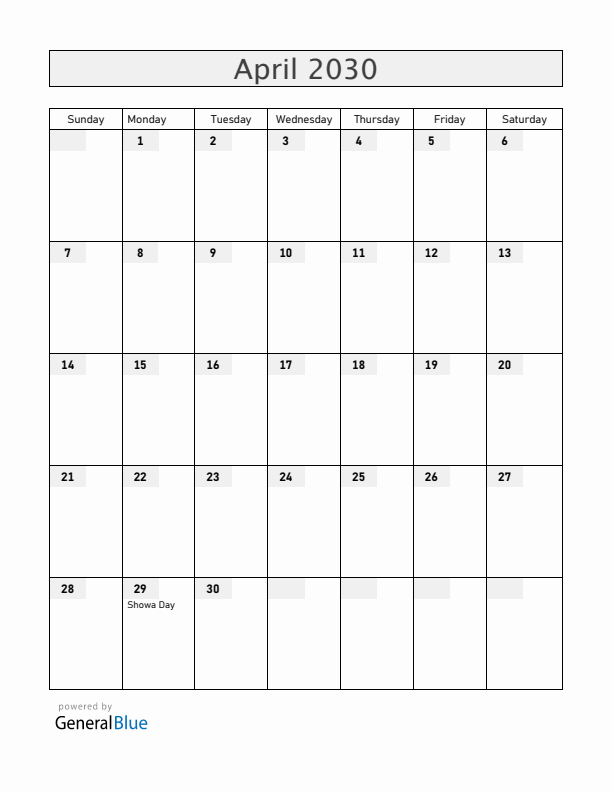 Japan April 2030 Calendar with Holidays