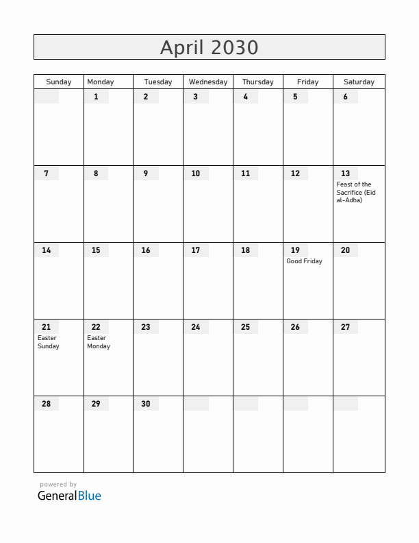 Kenya April 2030 Calendar with Holidays
