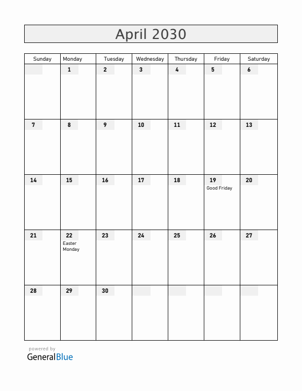 Lesotho April 2030 Calendar with Holidays