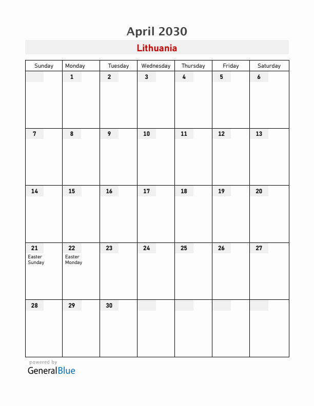 Lithuania April 2030 Calendar with Holidays