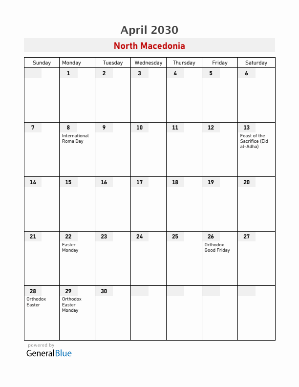 North Macedonia April 2030 Calendar with Holidays