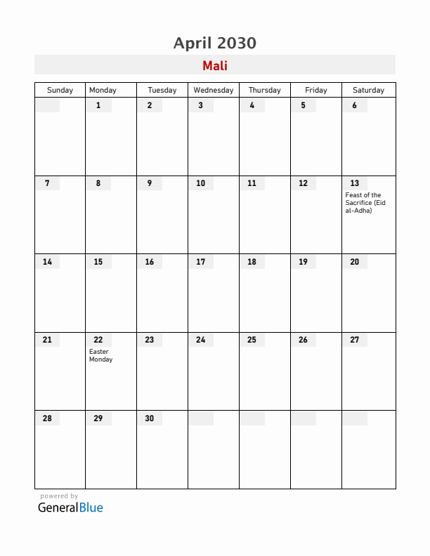 Mali April 2030 Calendar with Holidays