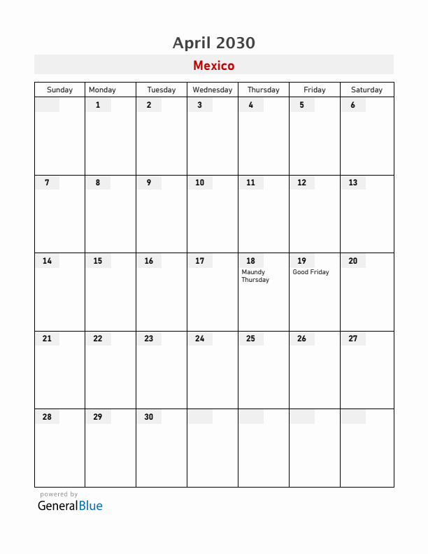 Mexico April 2030 Calendar with Holidays