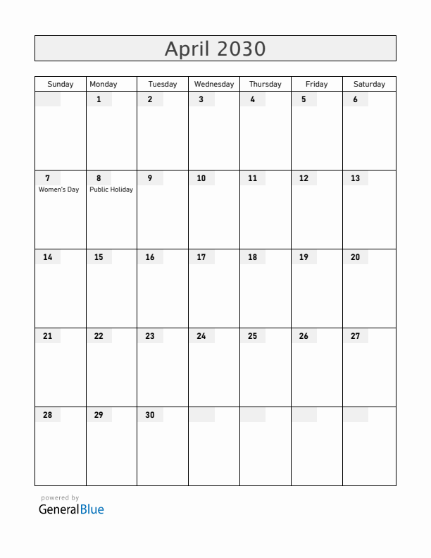 Mozambique April 2030 Calendar with Holidays