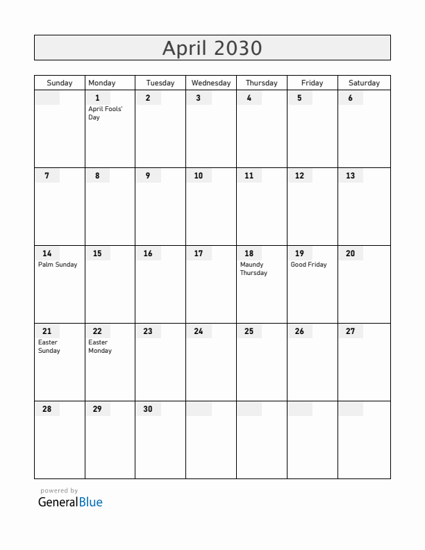 Norway April 2030 Calendar with Holidays