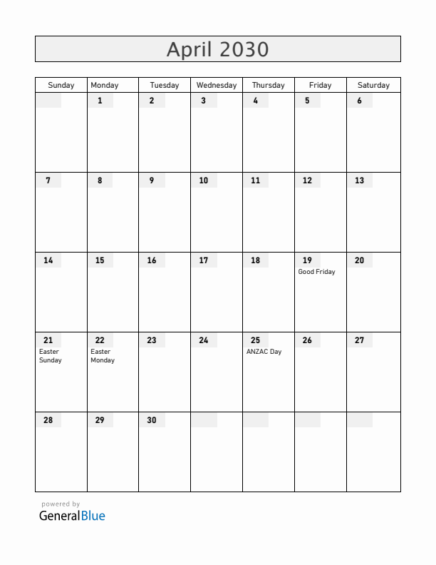 New Zealand April 2030 Calendar with Holidays