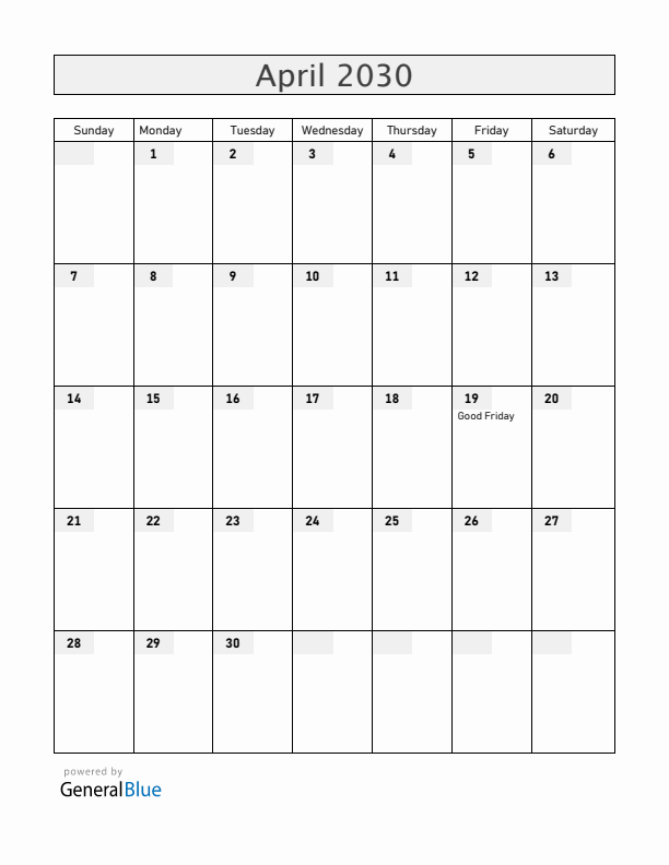 Panama April 2030 Calendar with Holidays