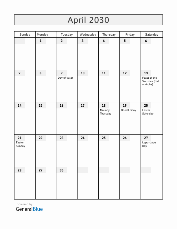Philippines April 2030 Calendar with Holidays