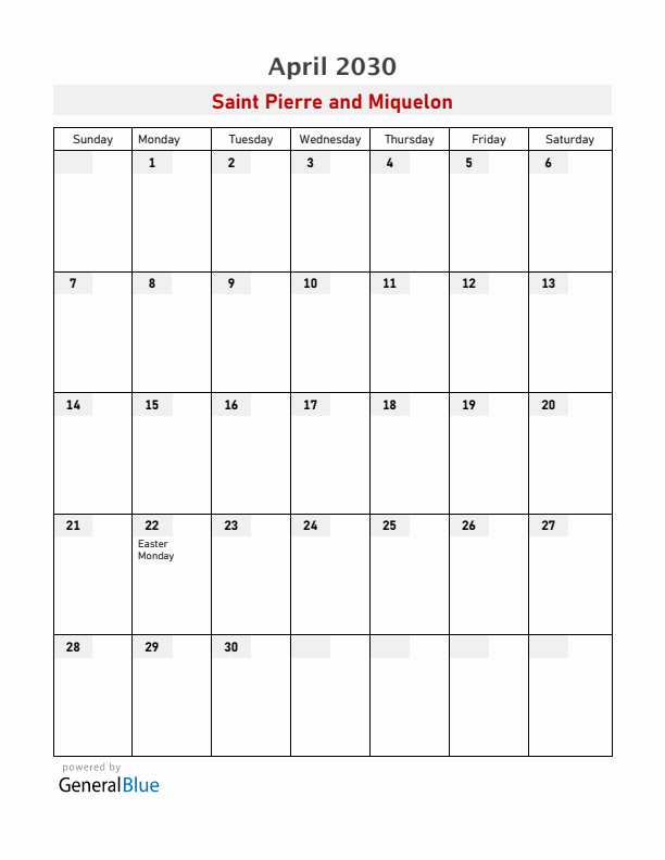 Saint Pierre and Miquelon April 2030 Calendar with Holidays