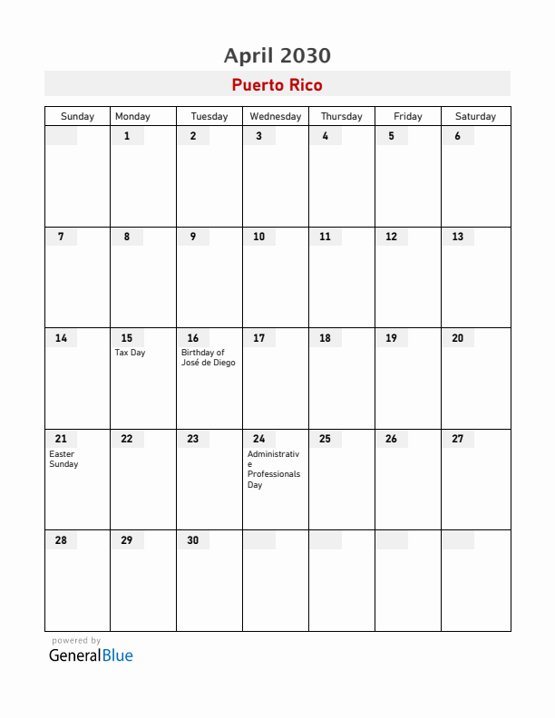 Puerto Rico April 2030 Calendar with Holidays
