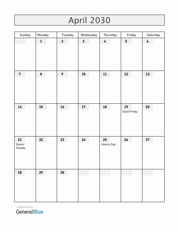 Portugal April 2030 Calendar with Holidays